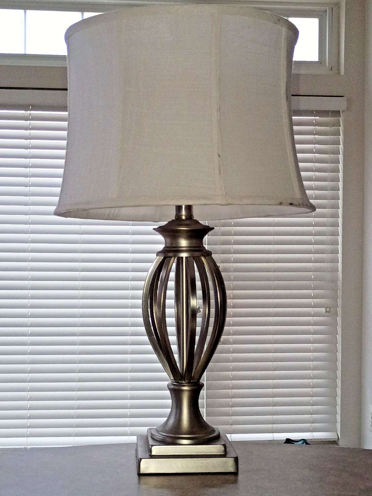 Hampton Bay Brushed Nickel Open Cage Table Lamp &White Textured Linen Drum Shade Hampton Bay Brushed Nickel Open Cage Table Lamp &White Textured Linen Drum Shade
