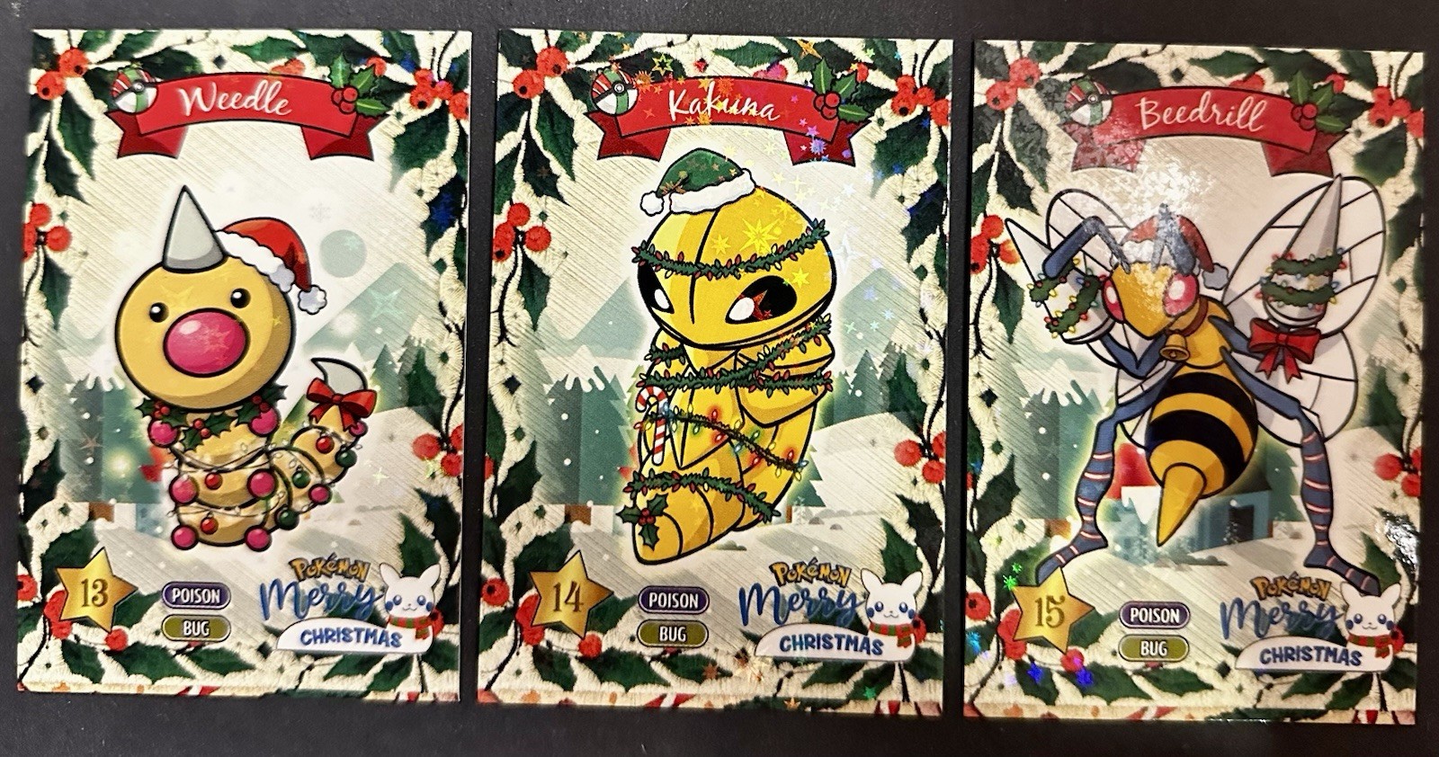 WEEDLE X KAKUNA X BEEDRILL LOT-POKEMON KANTO COLLECTOONS CHRISTMAS HOLO