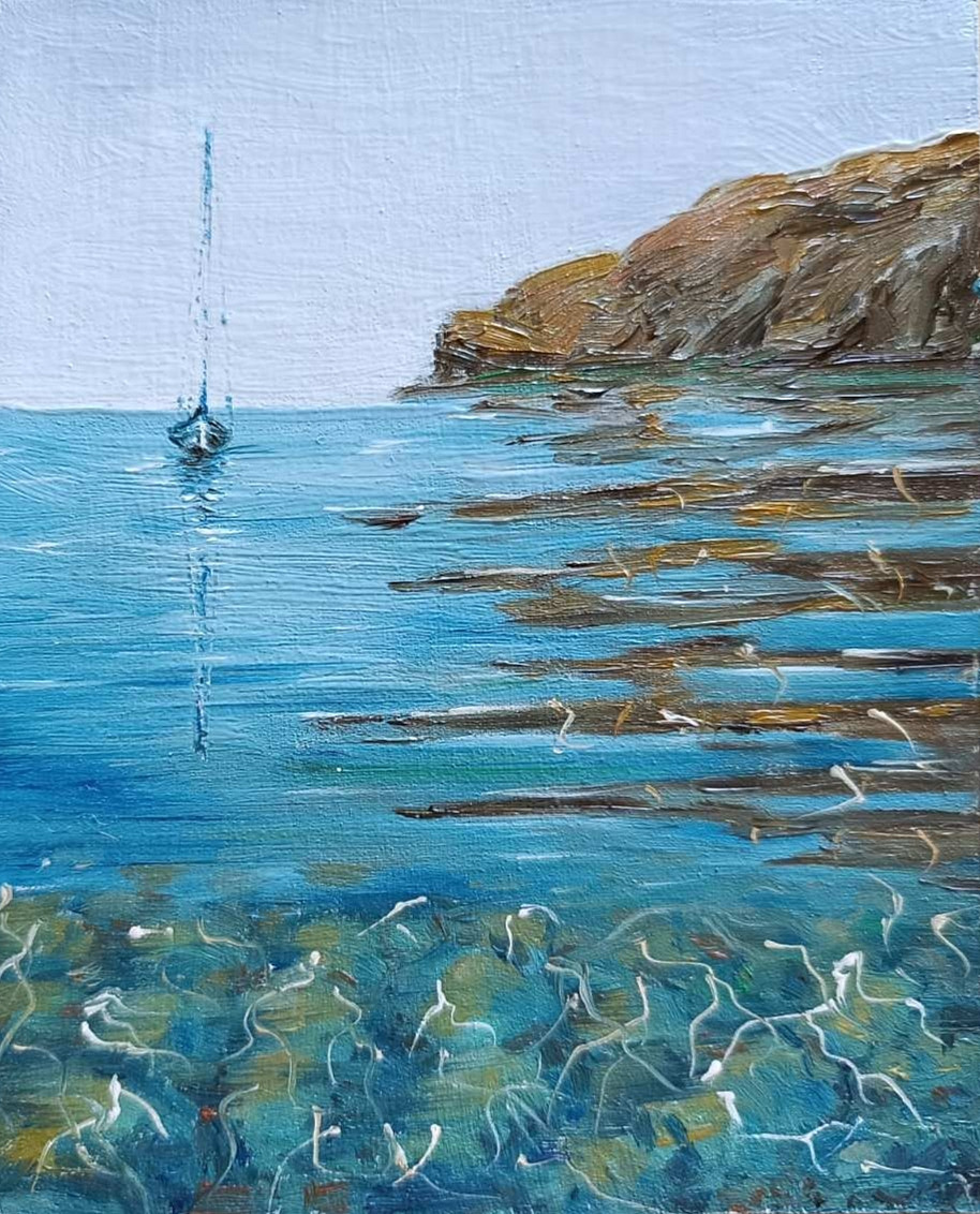 TEXTURED IMPASTO OIL BOAT STONES MOUNTAINS Original Arts Painting Seascape Gifts