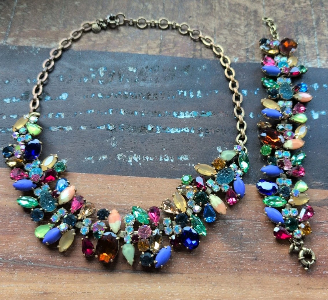 J CREW MULTI COLOR STONE STATEMENT BIB NECKLACE AND MATCHING BRACELET