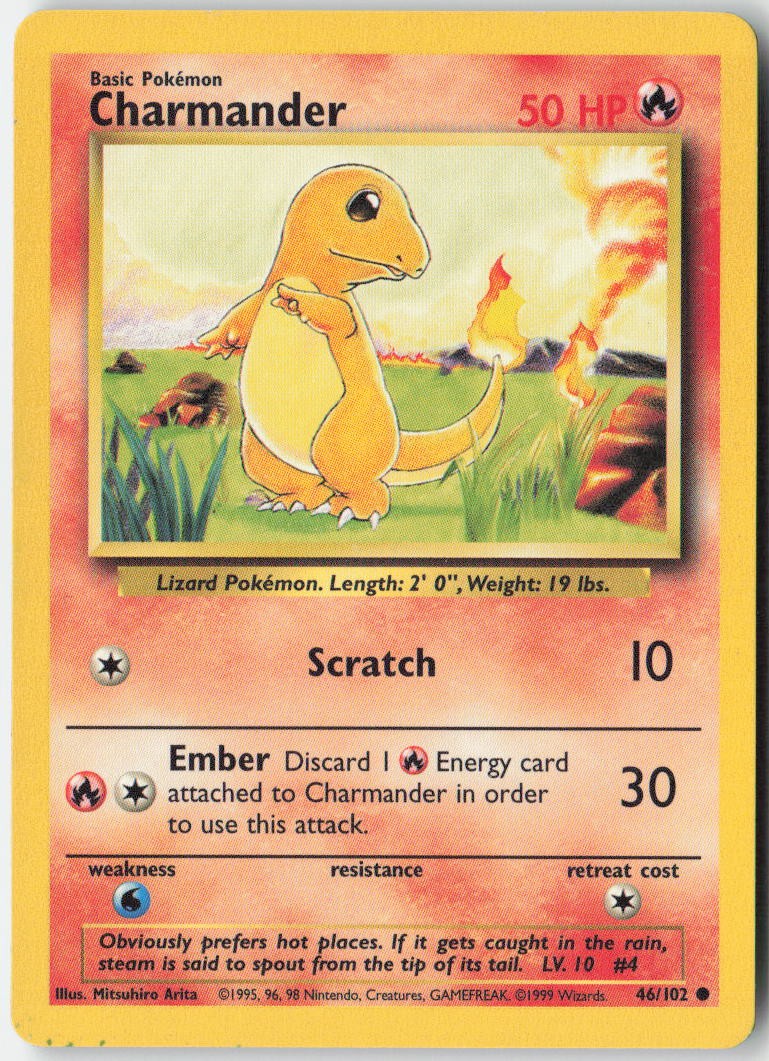 Charmander 46/102 Common Base Set Unlimited Pokemon Moderately Played