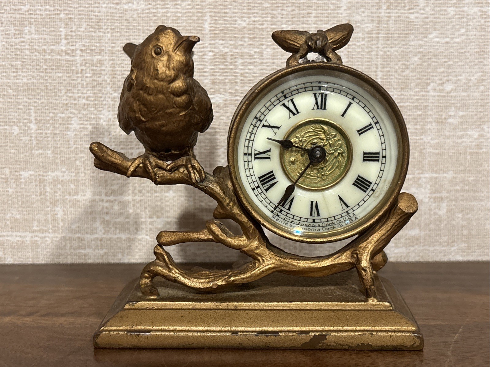 Rare Antique 1886 Ansonia Clock Co. “Warbler” Figural Gilt Bird Desk Clock