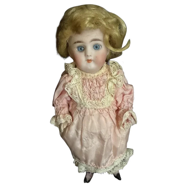 Antique German All Bisque Jointed Doll Pink Stockings Glass Eyes Incised30 5 3/4