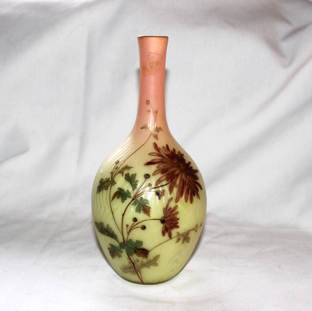 Antique Mt. Washington Burmese Vase Chrysanthemum ladybug butterfly enameled Antique Mt. Washington Burmese Vase Chrysanthemum ladybug butterfly enameled