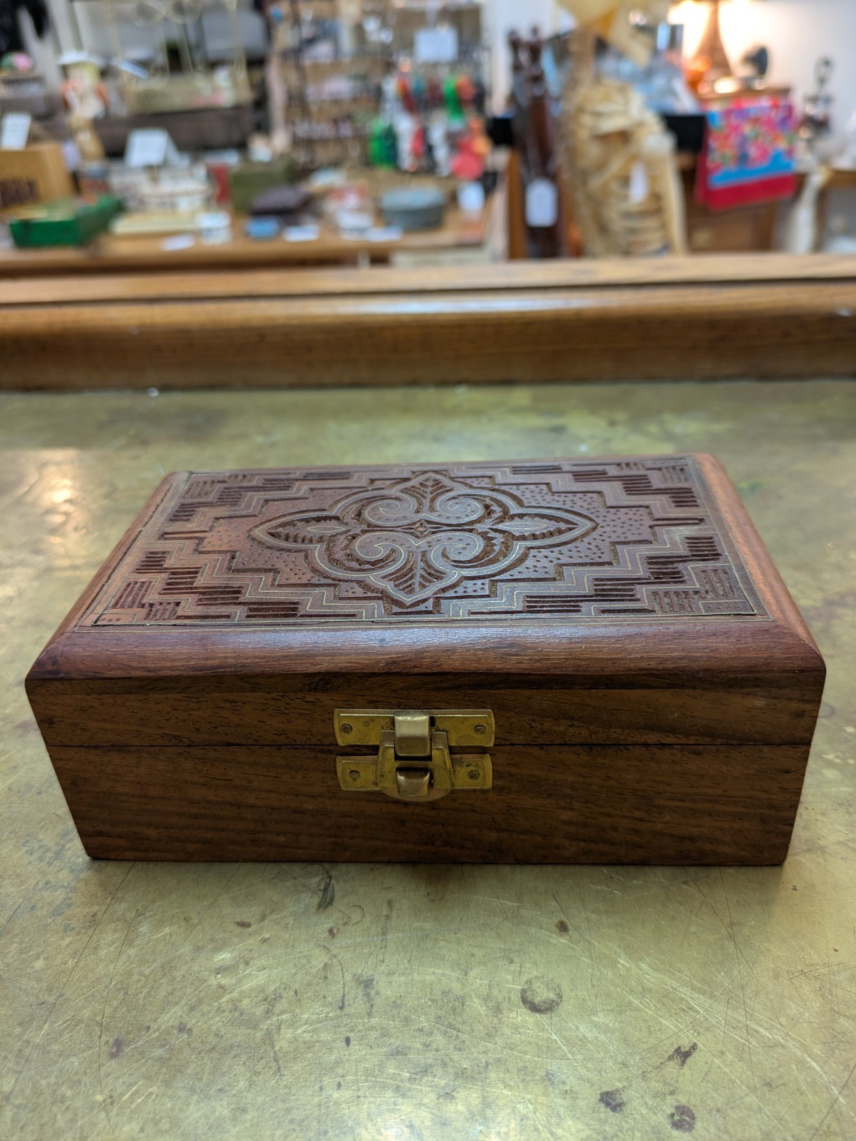 Vintage Hand Carved Wooden Jewelry Box / Keepsake Trinket Chest with Brass Clasp