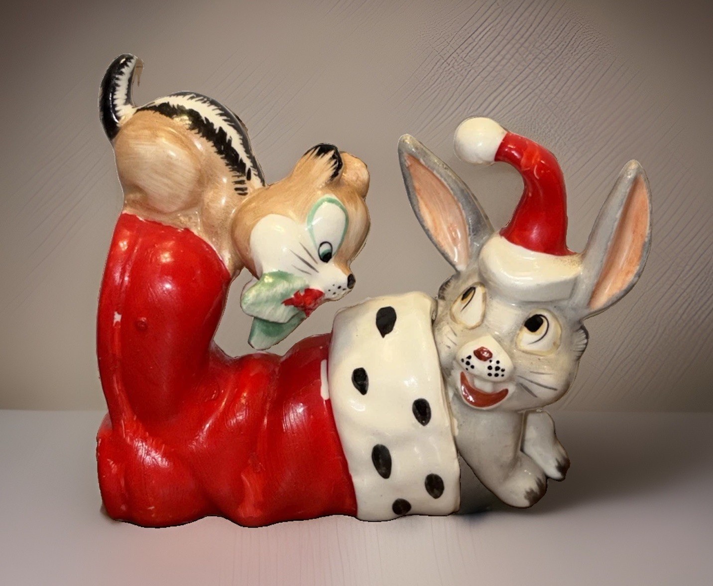 Vintage Kreiss Co Christmas Rabbit Chipmunk Santa Boot Figurine Decor 1950s