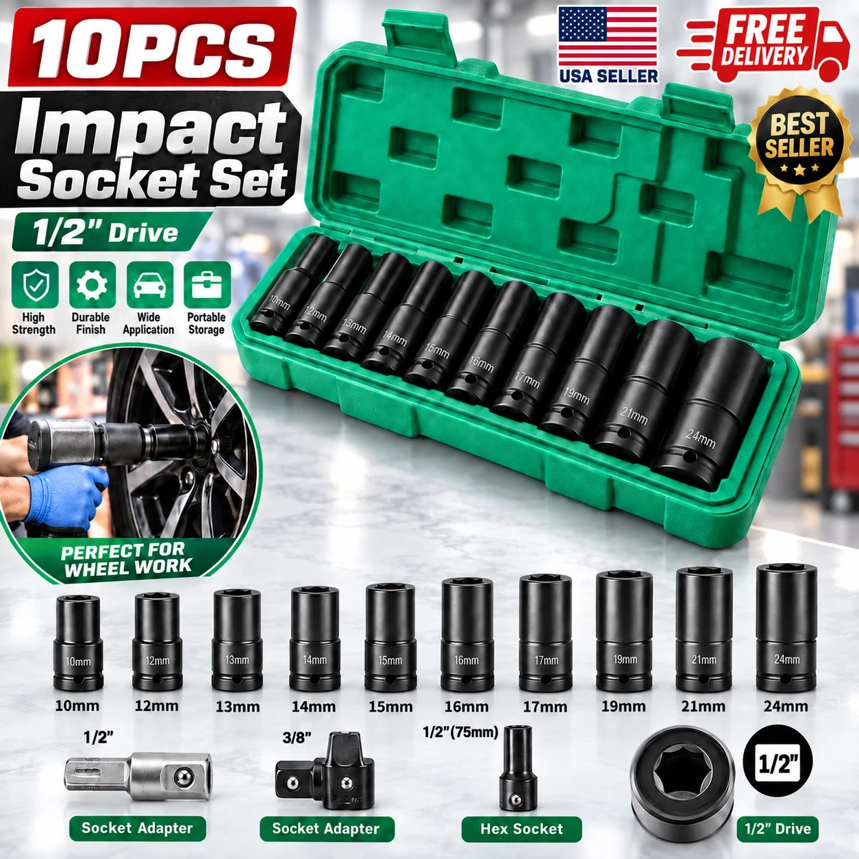 10pcs Metric Deep Impact Socket 1/2 Drive 10mm-24mm 6 Point Set Case 10pcs Metric Deep Impact Socket 1/2 Drive 10mm-24mm 6 Point Set Case