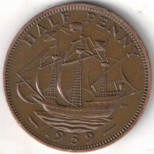 1959 Great Britain Circulated Half Penny Elizabeth II & The Golden Hind Coin