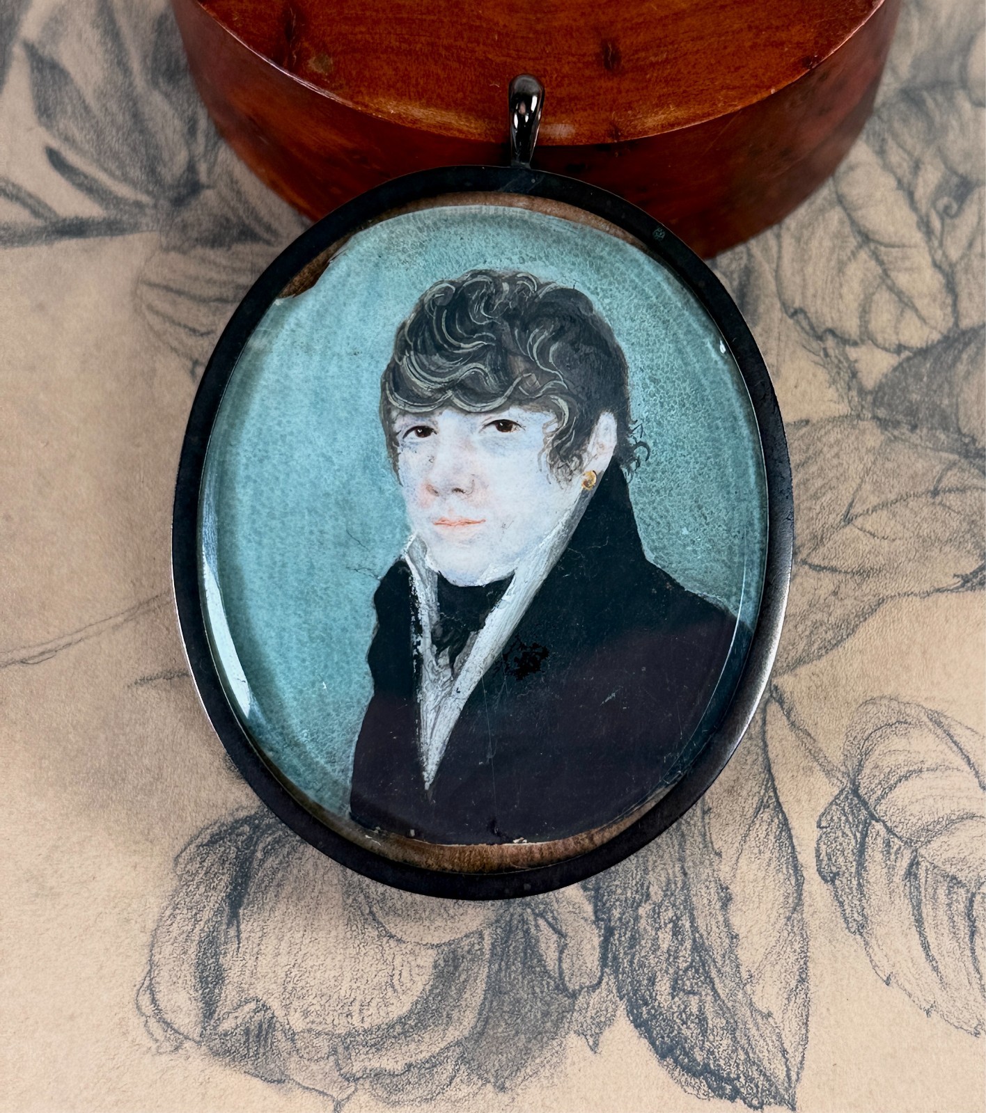 Antique French Man Miniature Portrait Painting Mourning Memento w/ Hair 19th C.