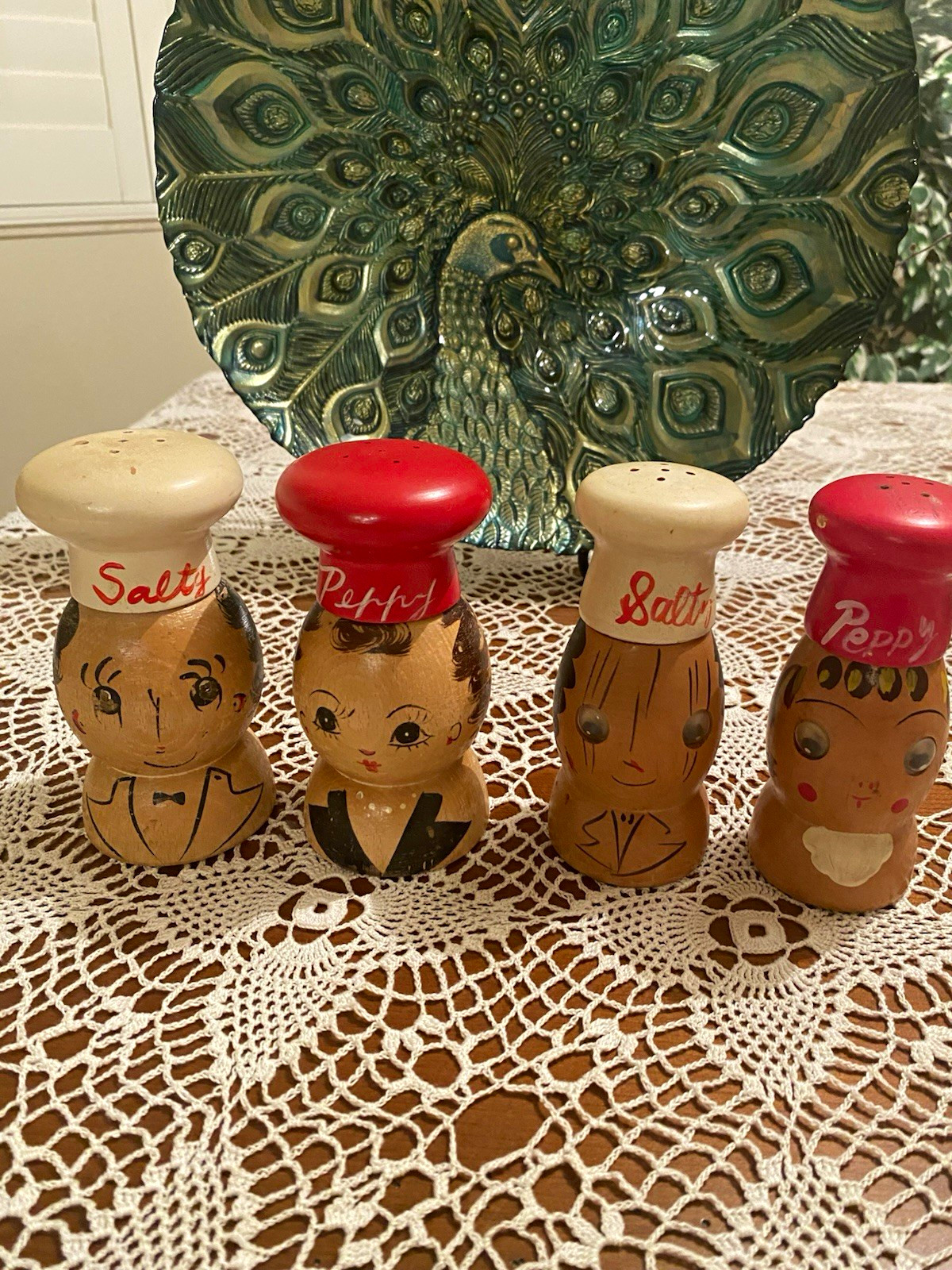 2 sets of Vintage Wooden Salt & Pepper Shakers one with google eyes
