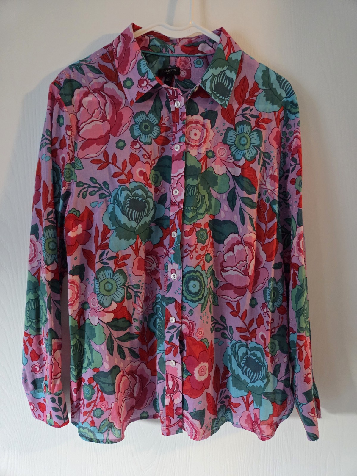 Talbots Blouse Sketched Bloom Button Up XL Petite Semi Sheer Floral Autumn Ltwt 
