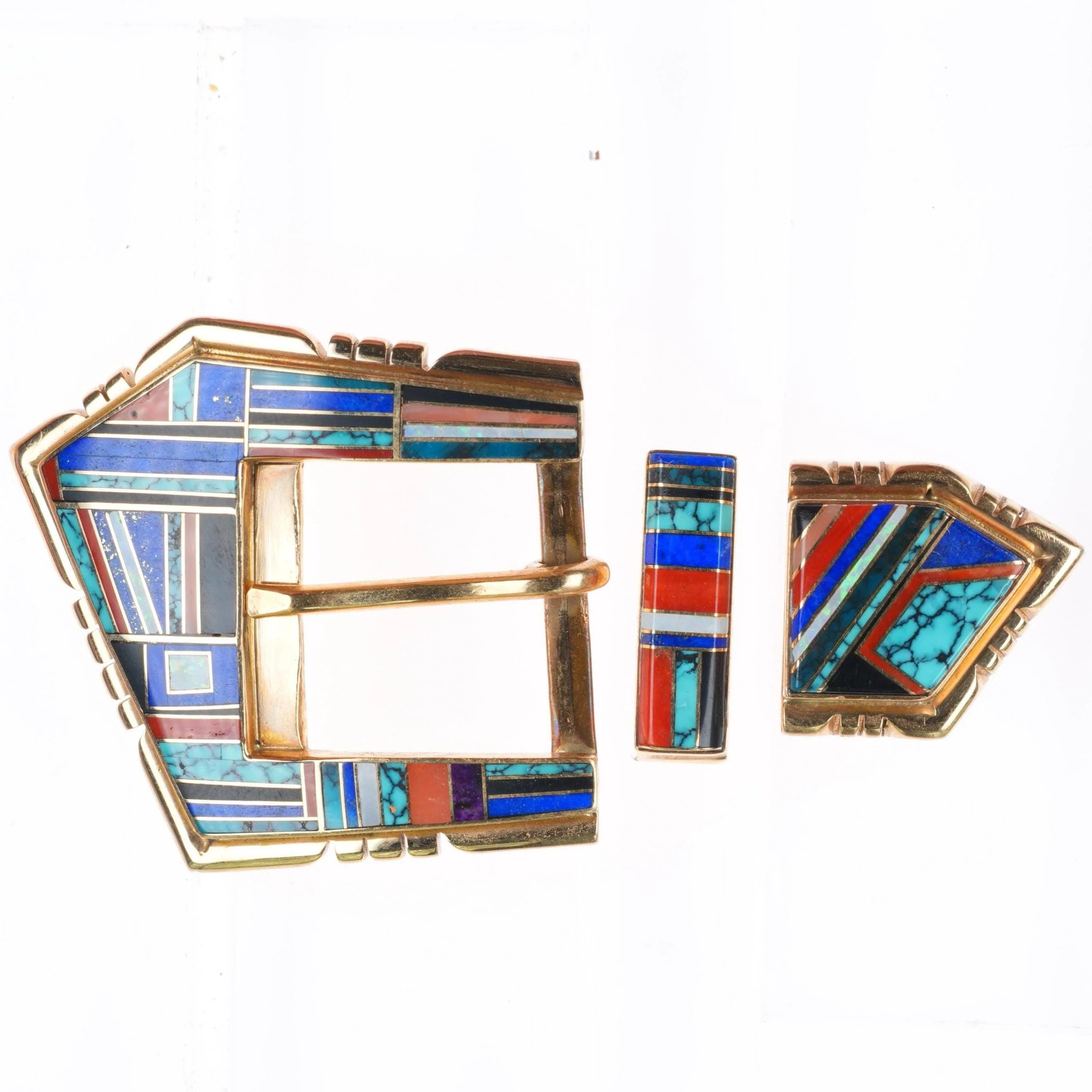 Tom David Navajo 14k gold turquoise-coral-lapis inlay ranger buckle 3/4\
