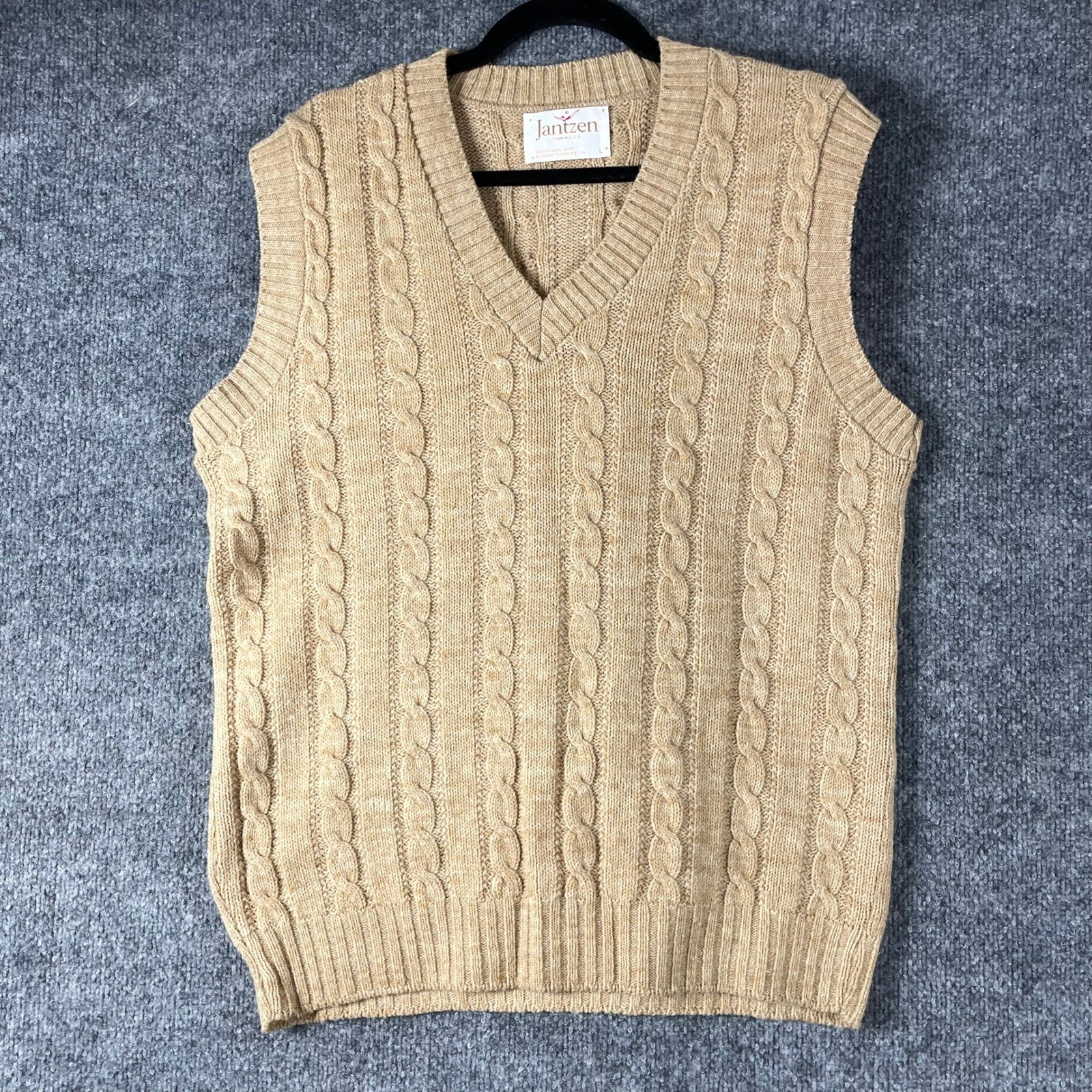 Vintage Jantzen Sweater Vest Mens Large Tan Cable Knit V Neck Made in USA 70s
