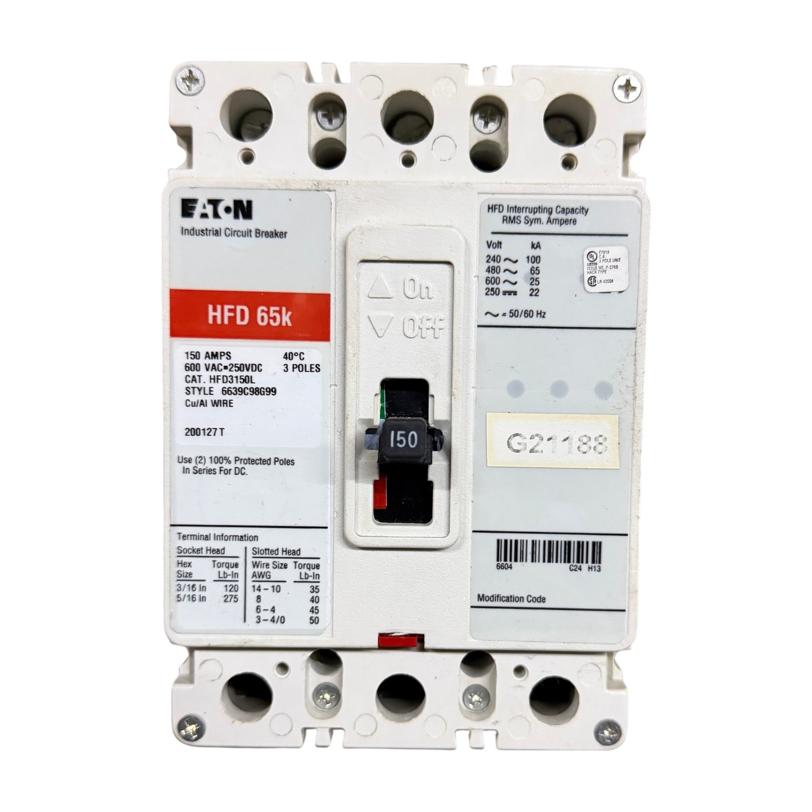 Eaton HFD3150L 150A 3-Pole 600V Industrial Circuit Breaker HFD 65k Eaton HFD3150L 150A 3-Pole 600V Industrial Circuit Breaker HFD 65k