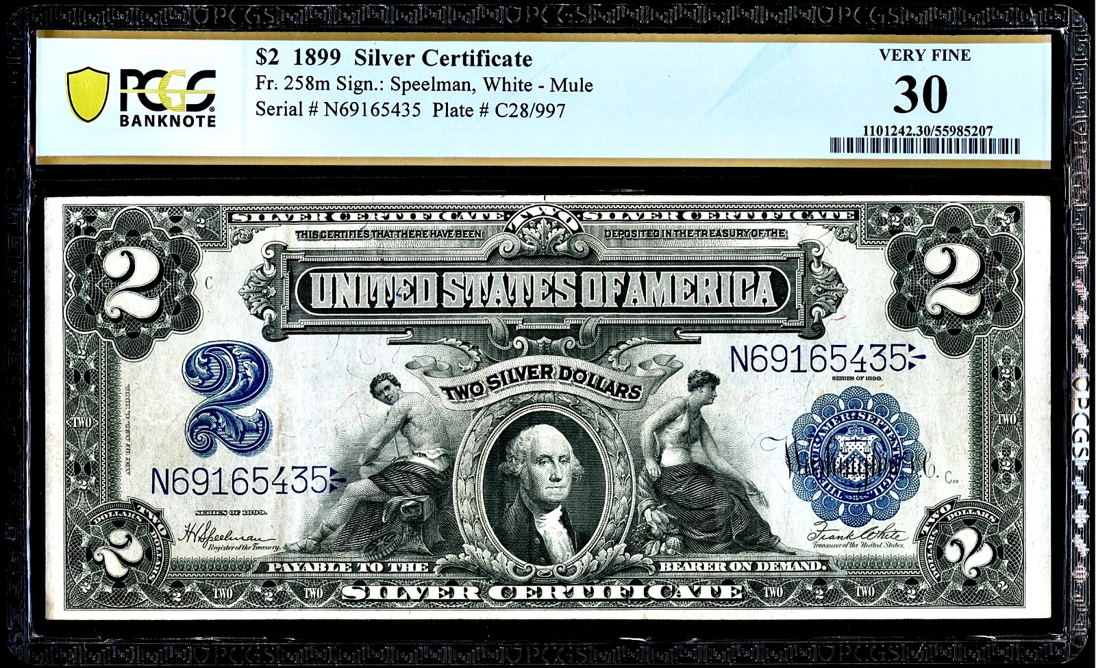 Mule 1899 US Large Size Silver Certificate $2 Note PCGS VF30 Back Plate #997