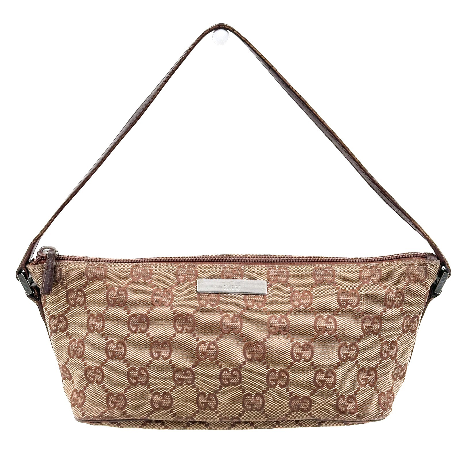 GUCCI Boat Bag GG Canvas Leather Hand Bag Accessory Pouch Brown 07198 Authentic