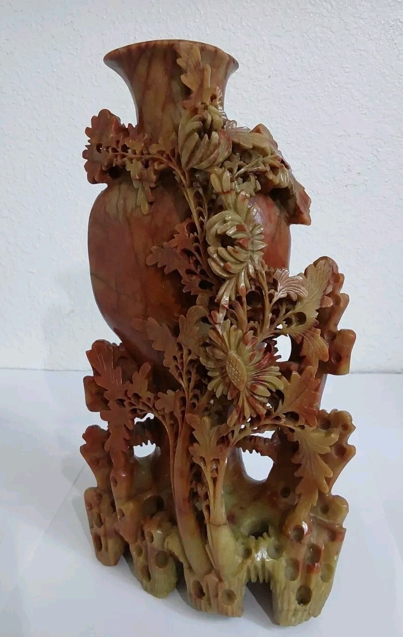Vintage Chinese Soapstone Chrysanthemums & Foliage Vase Sculpture China-Pre 1921 Vintage Chinese Soapstone Chrysanthemums & Foliage Vase Sculpture China-Pre 1921