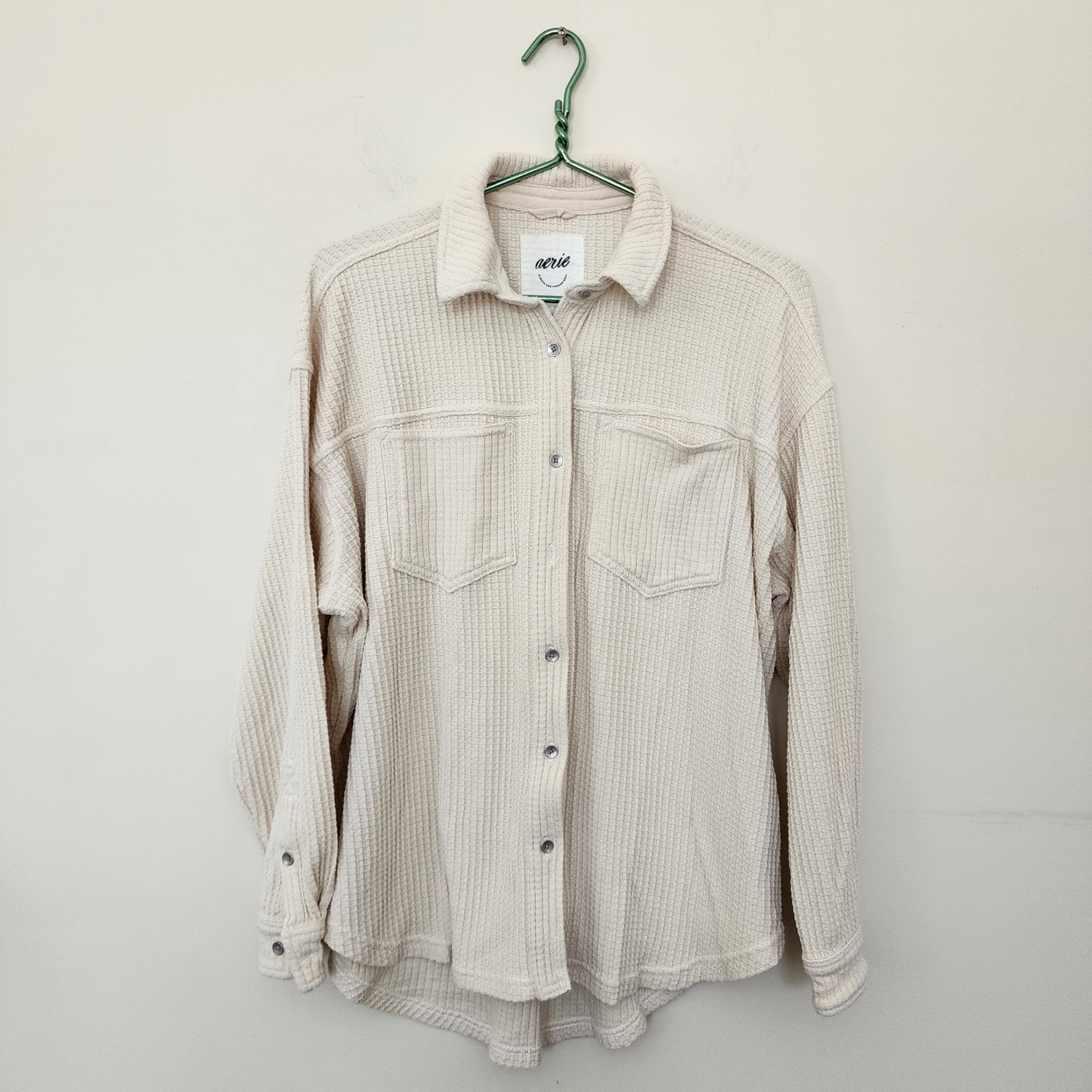 Aerie Waffle Knit Button Down Shirt Cream Ivory Oversized Shacket Small