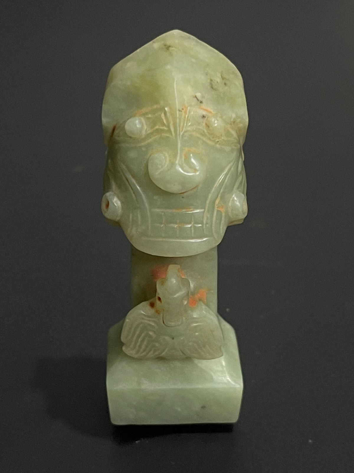 age-old China antique  Jade Deity Head Ornament with Bird Carving, Shang Style