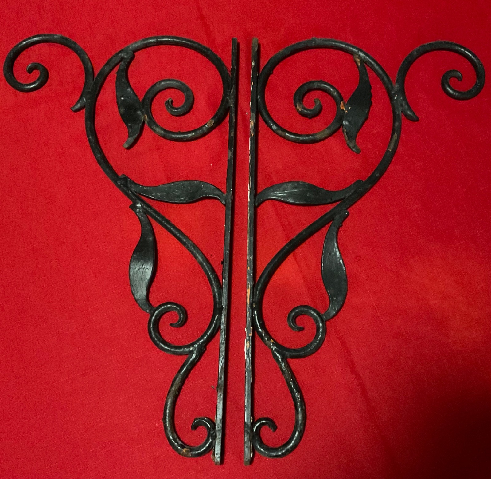 Antique Hand Forged Iron Scroll And Foliate Plant Hanging Brackets Pair Antique Hand Forged Iron Scroll And Foliate Plant Hanging Brackets Pair