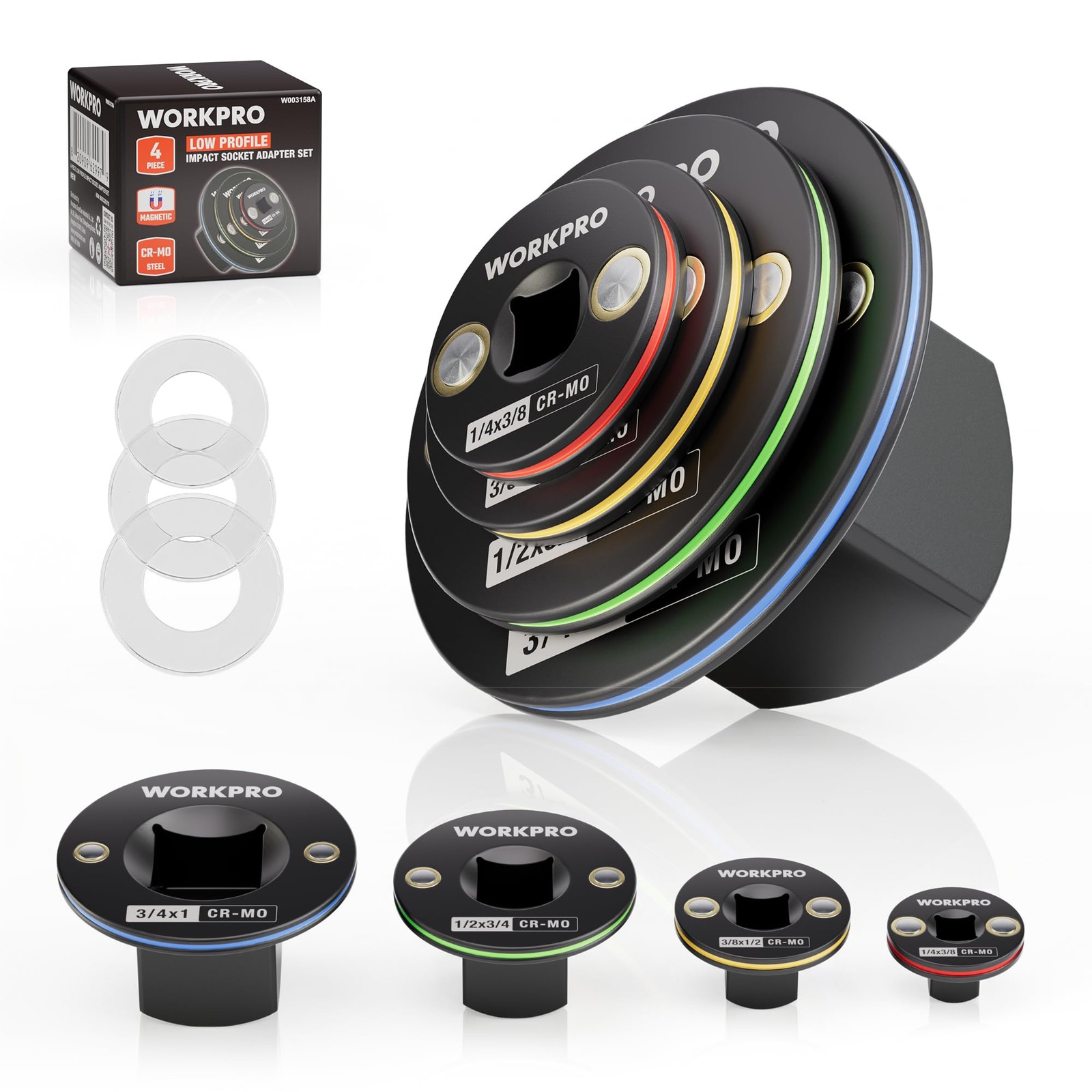 WORKPRO 4-Piece Low Profile Impact Socket Adapter Set | Magnetic Stubby Socket WORKPRO 4-Piece Low Profile Impact Socket Adapter Set | Magnetic Stubby Socket