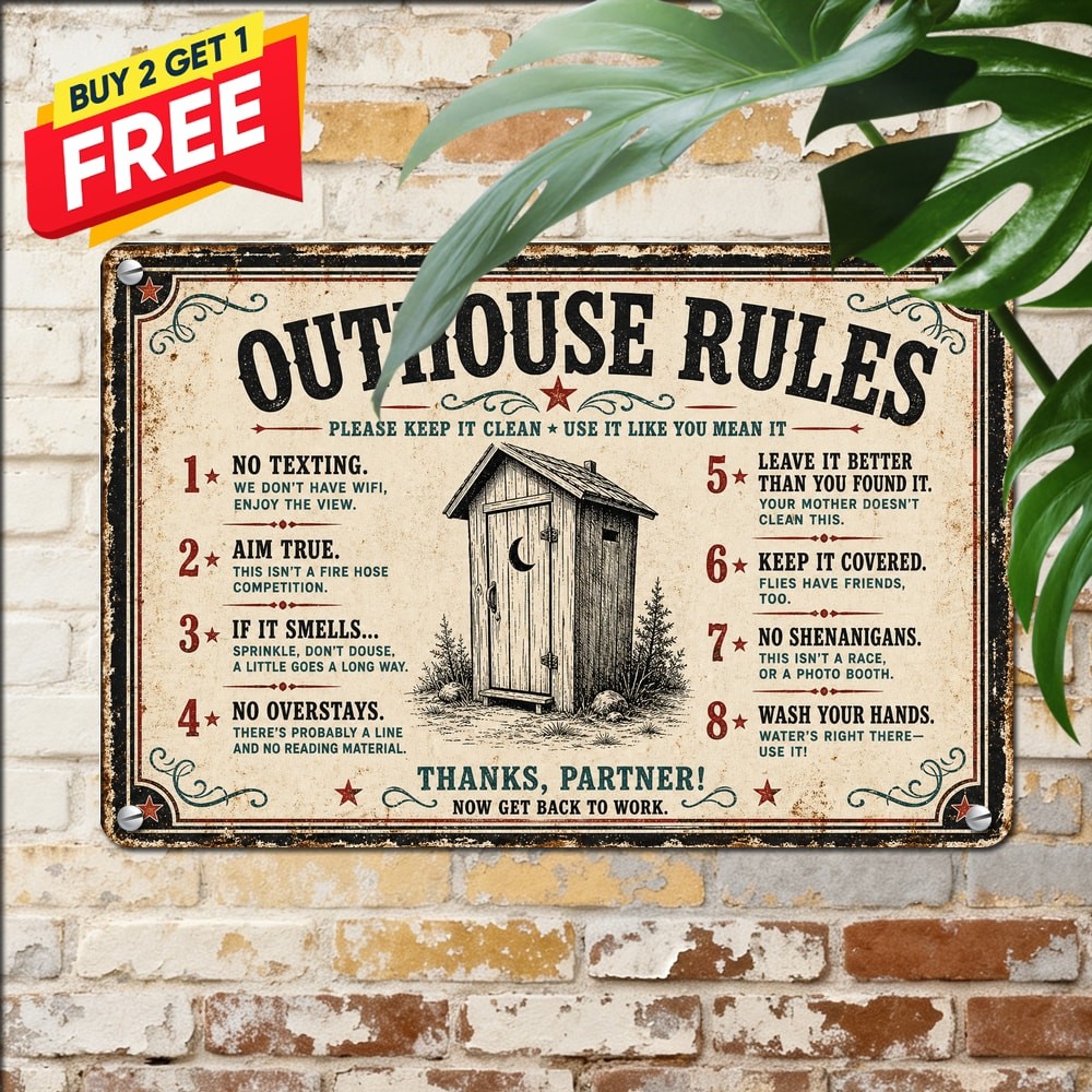 Outhouse Rules Sign Decor Farmhouse Cabin Bathroom Humor Metal Plaque