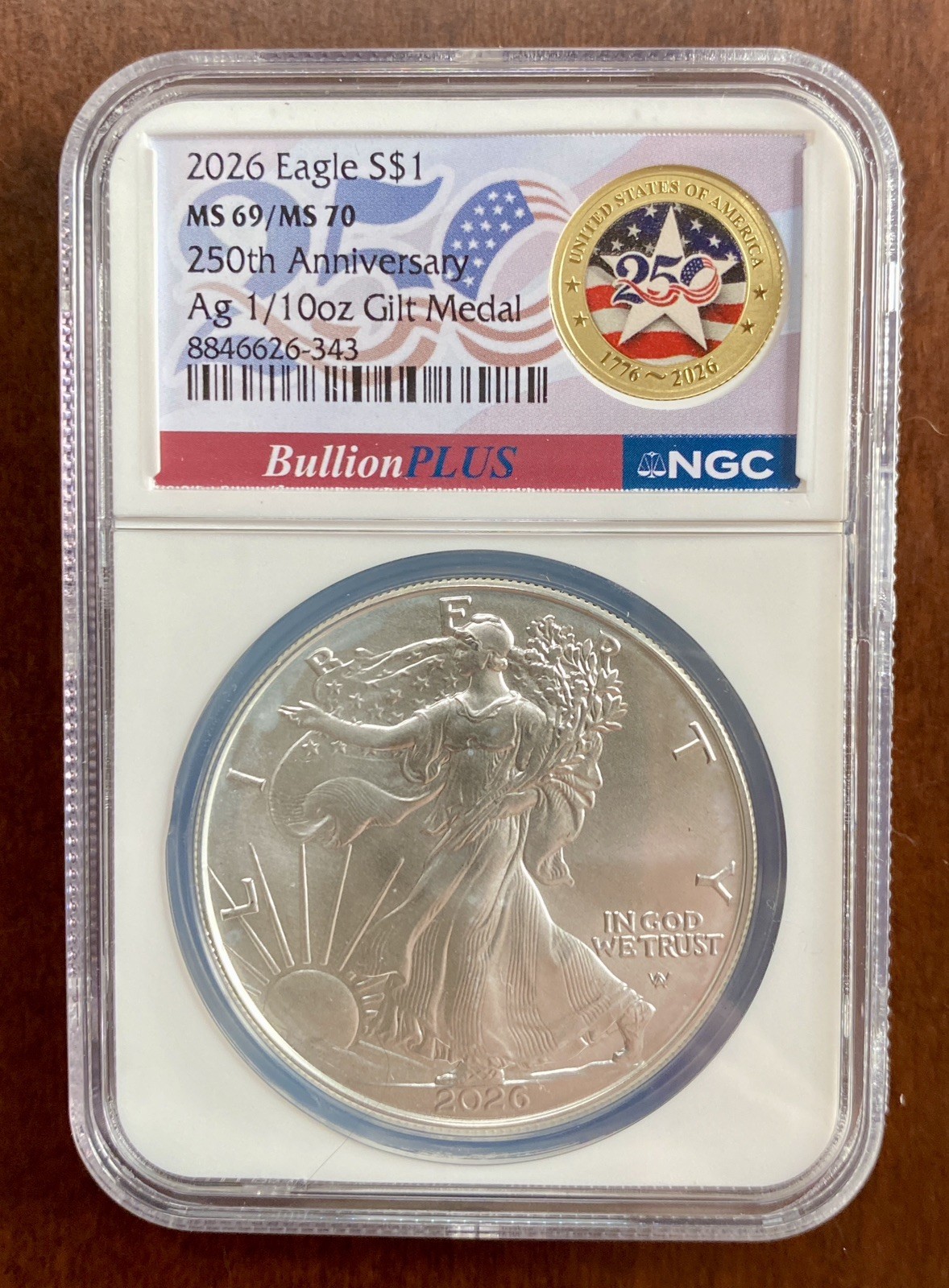 2026 Silver Eagle NGC MS69/MS70 + 1/10oz Gilt 250th Anniversary Medal Bullion