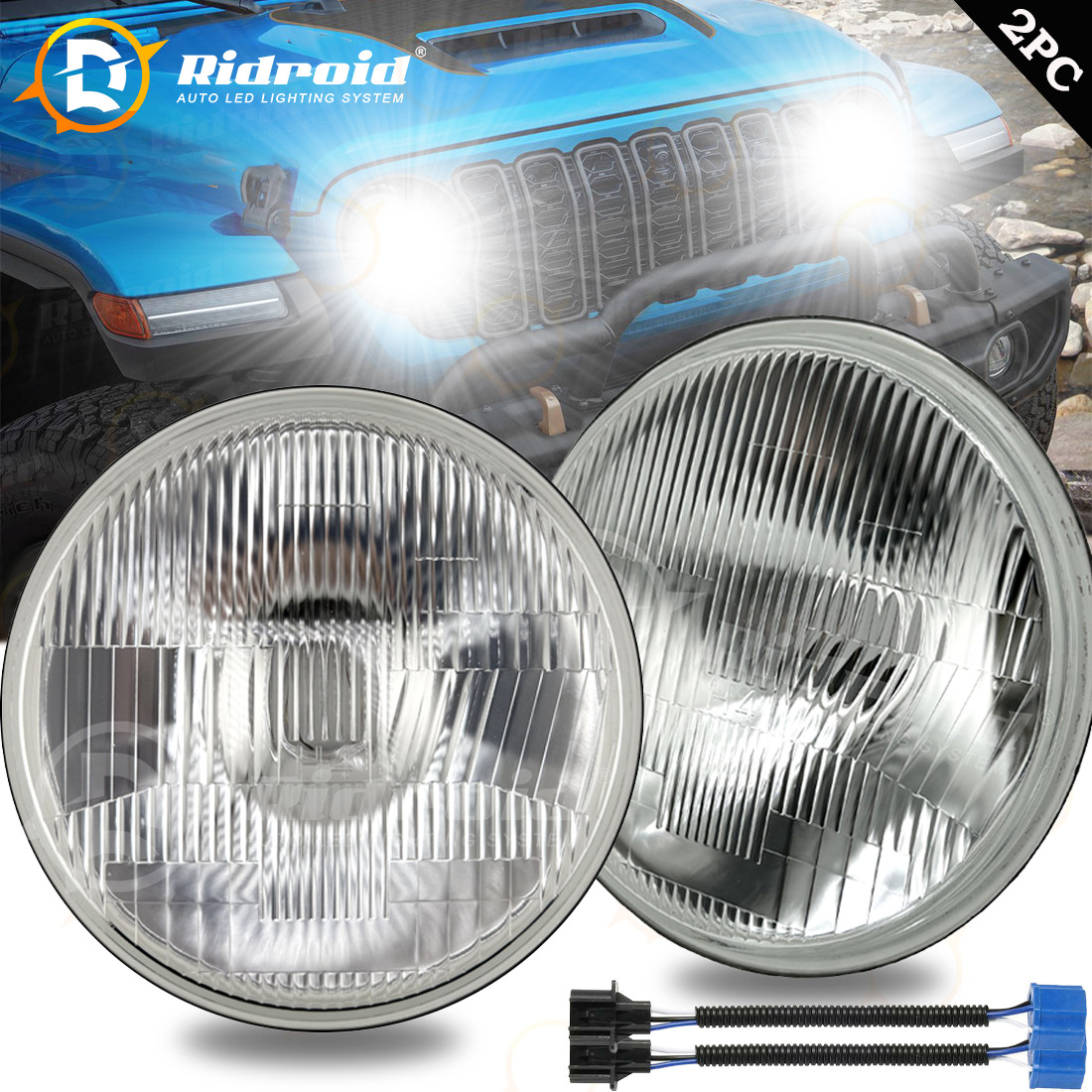 2Pcs Chrome 7 Inch LED GLASS Headlights Round, ORIGINAL CLASSIC LOOK Conversion
