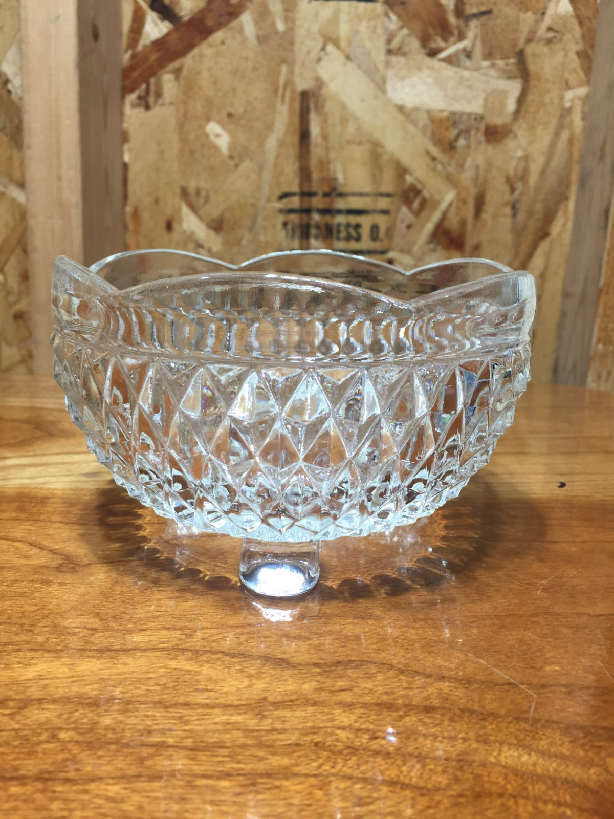 VTG Indiana Glass Diamond Point Cut Bon Bon Bowl Footed Scalloped Rim