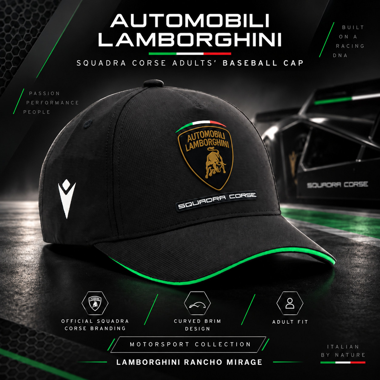 Genuine Lamborghini Squadra Corse Baseball Cap Hat Adult Black Macron 70014662
