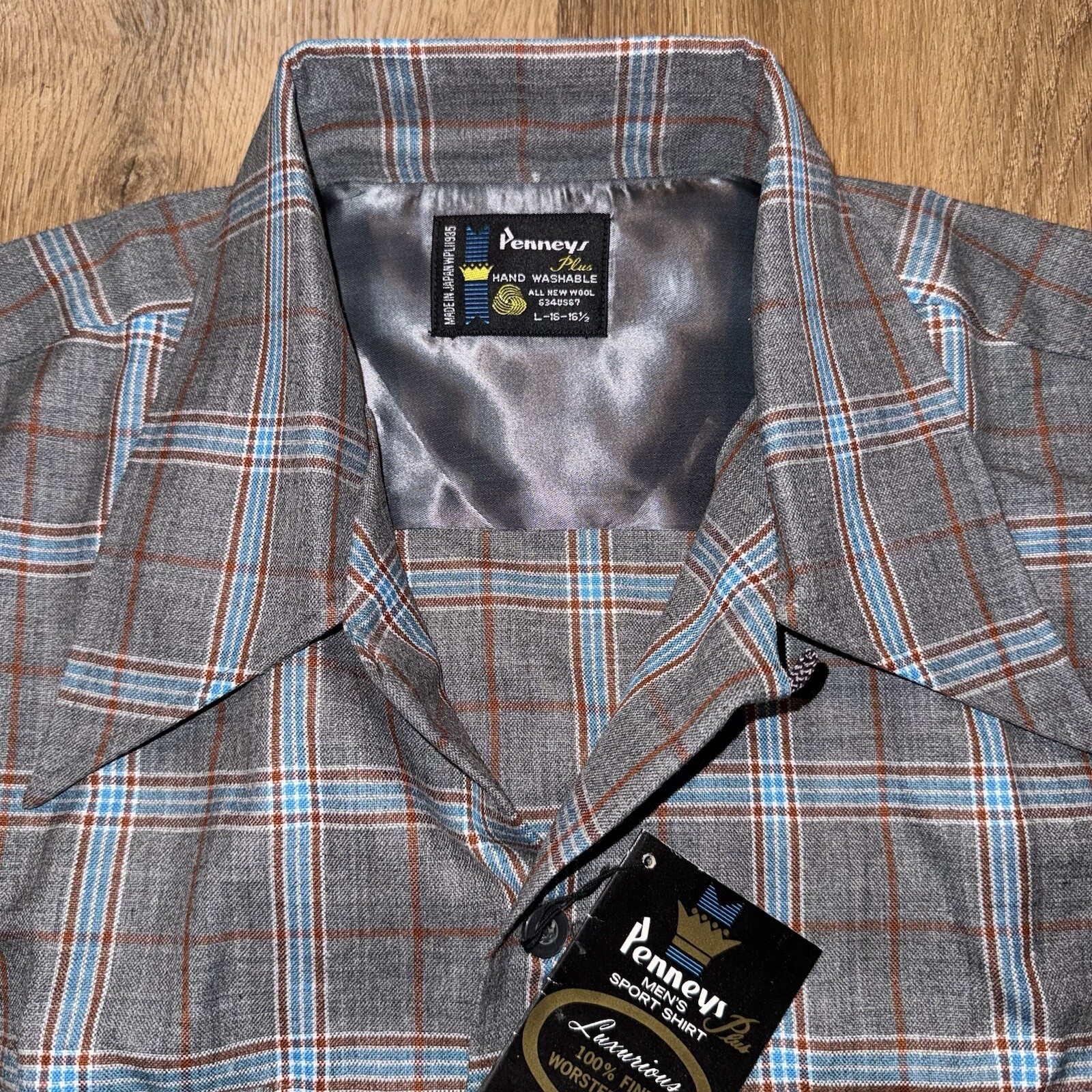 Vtg 50s 60s Penneys Shirt Loop Collar Wool Made in Japan Mod NOS Mens Large 34