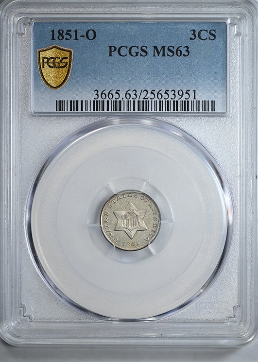 1851-O Three Cent Silver Piece 3CS PCGS MS63 1851-O Three Cent Silver Piece 3CS PCGS MS63