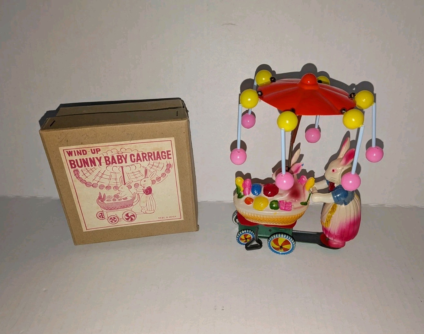 Vintage Celluloid Bunny Rabbit Carriage Carousel Cart Easter Wind Up Japan Works Vintage Celluloid Bunny Rabbit Carriage Carousel Cart Easter Wind Up Japan Works