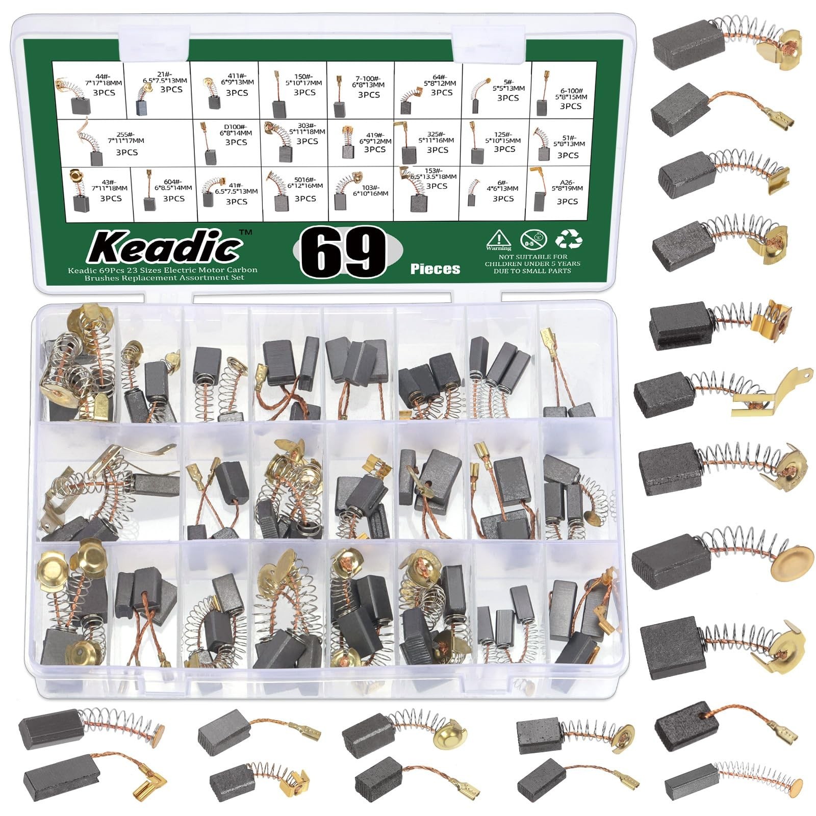Keadic 69Pcs 23 Sizes Electric Motor Carbon Brushes Replacement Assortment Set,