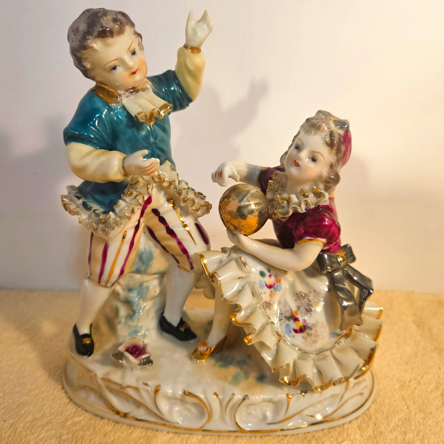 Antique Volkstedt Richard Eckert Porcelain Figurine Boy Girl Gold Ball German