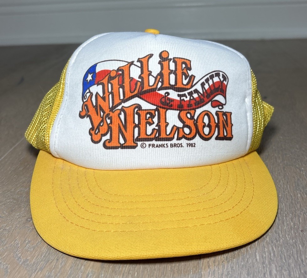 Vintage 1982 Willie Nelson & Family Trucker Hat Yellow Mesh Snapback Franks Bros