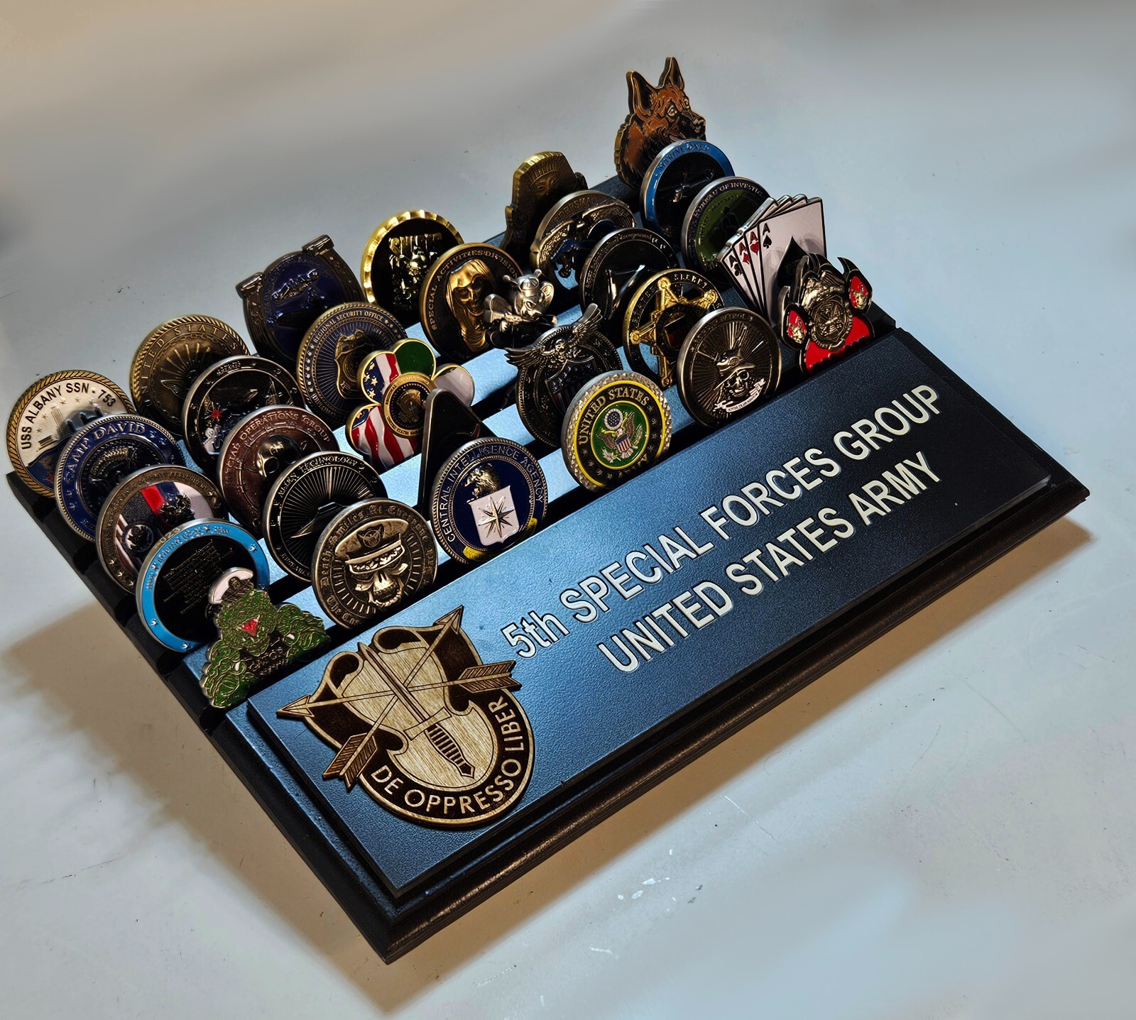 9x13 US Army 5th Special Forces desktop challenge coin display appx 30 coins