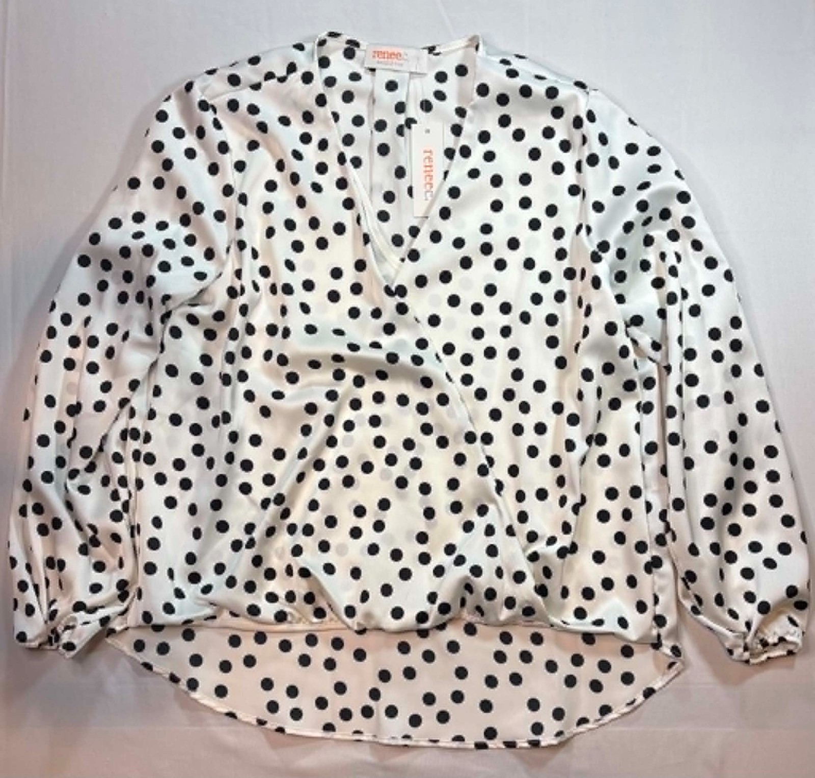 Renee C. Women\'s Polka Dot Faux Wrap Blouse NWT Black White Satin Look Top Large