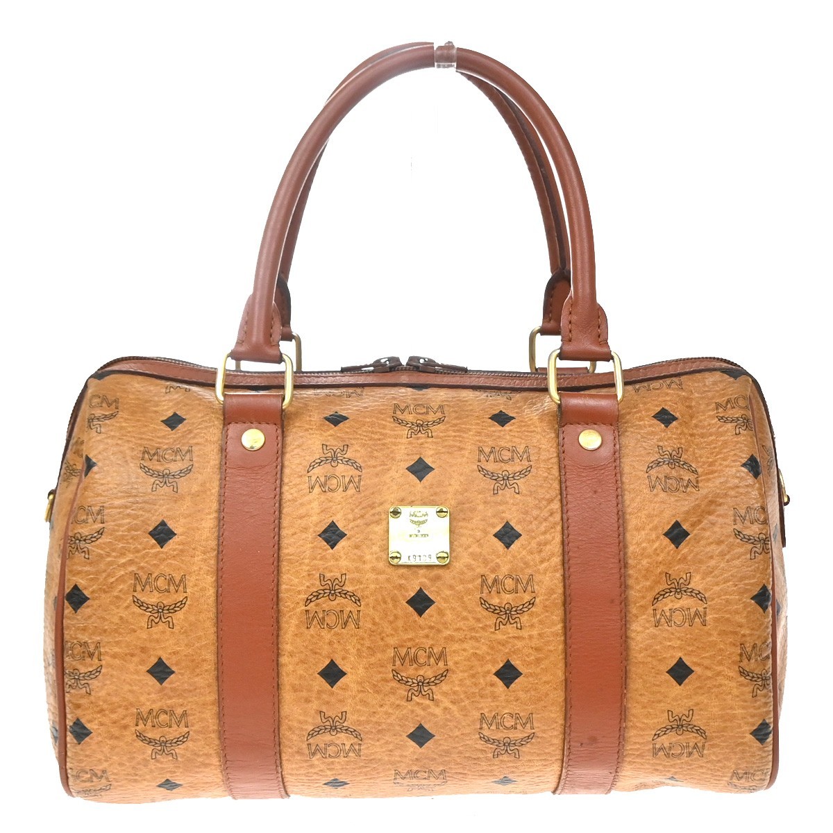 MCM Logo Visetos Pattern Travel Hand Bag Leather Brown Cognac GHW 67EG450