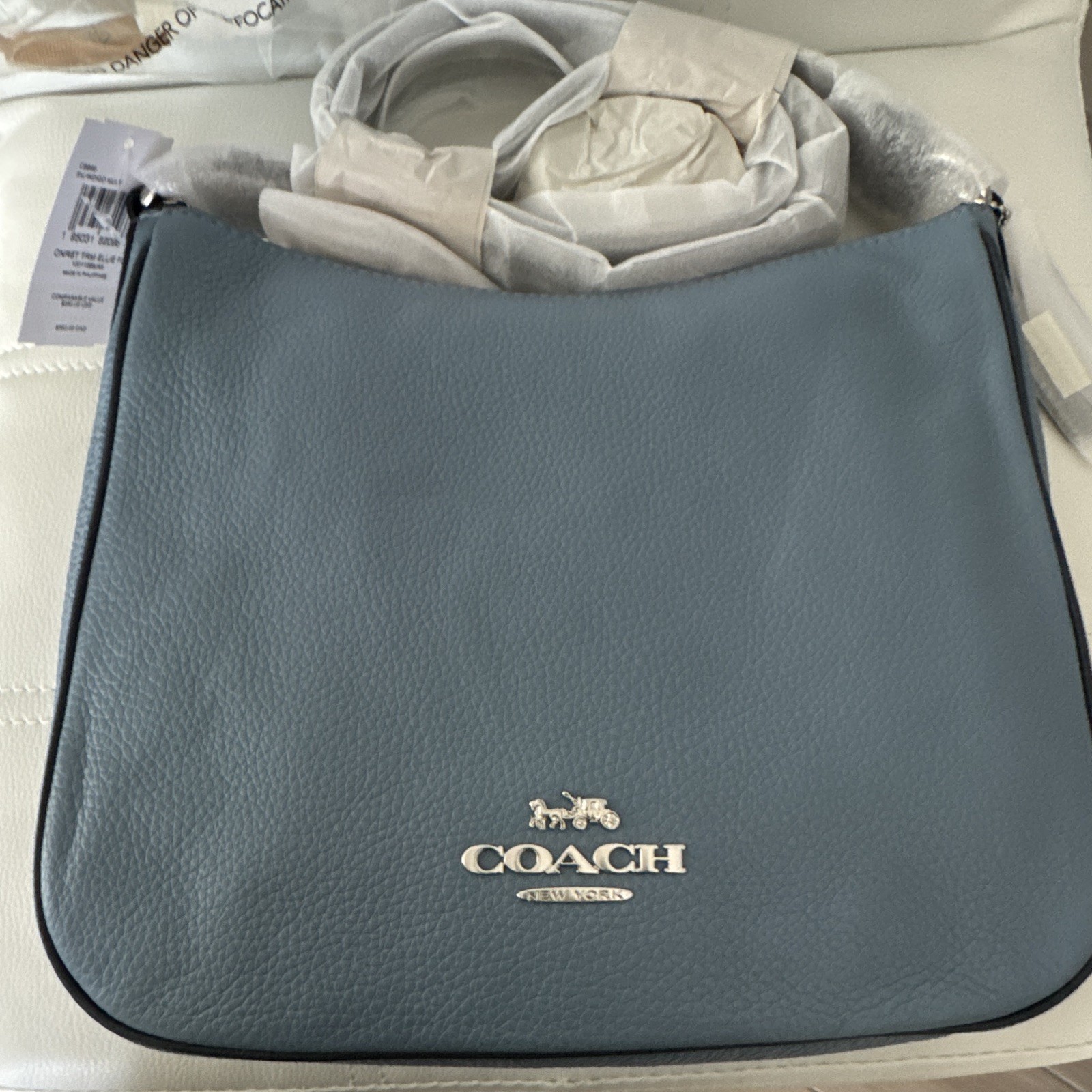 Coach  ELLIE Blue Pebbled Shoulder Bag, Silver Hardware, Zip Closure .NWT.