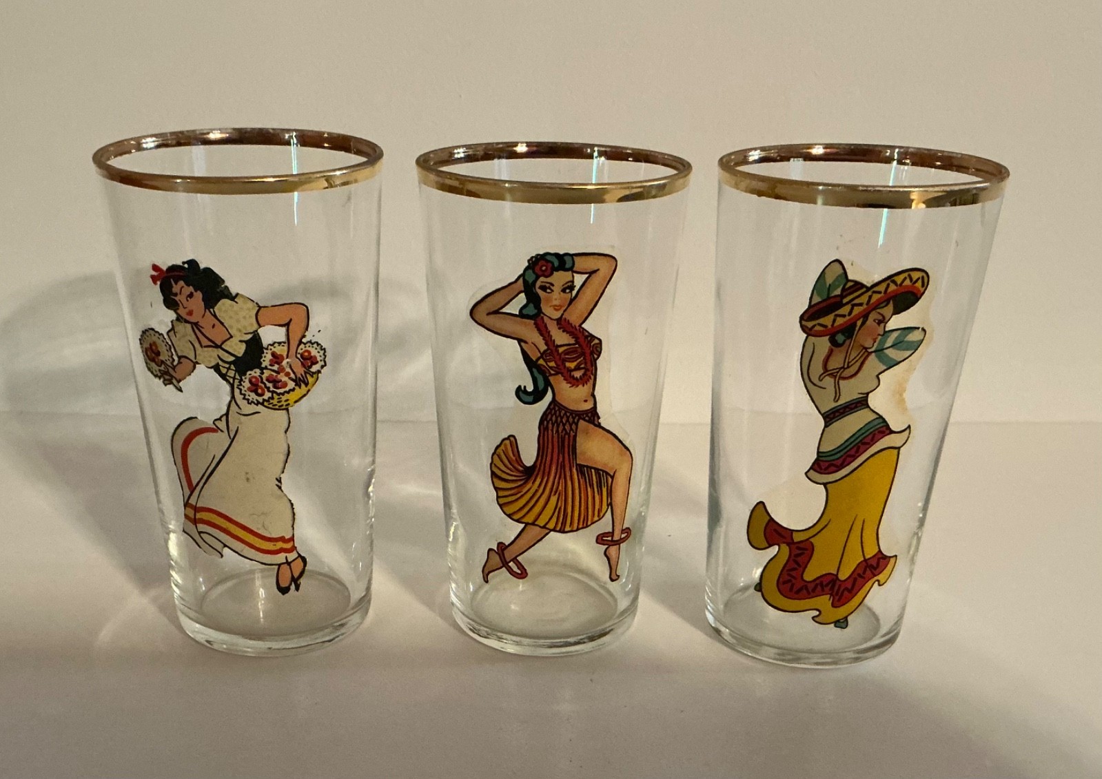 Vintage 1940s Set of 3 Peek-a-Boo Pin-Up 8 oz. Drink Glasses A Little Naughty