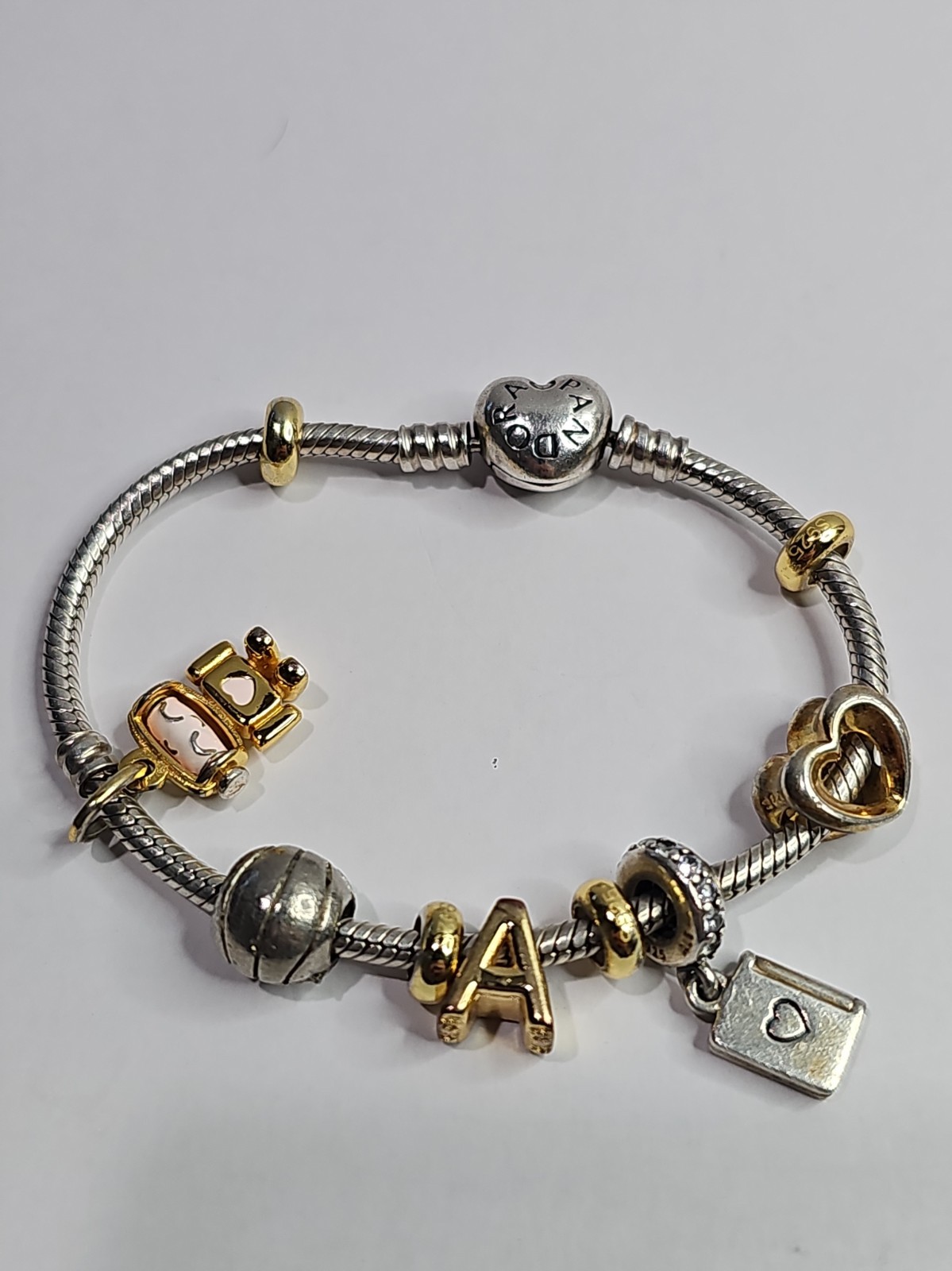 Authentic Pandora Moments Bracelet Lot w/ Charms Robot Basketball Letter A