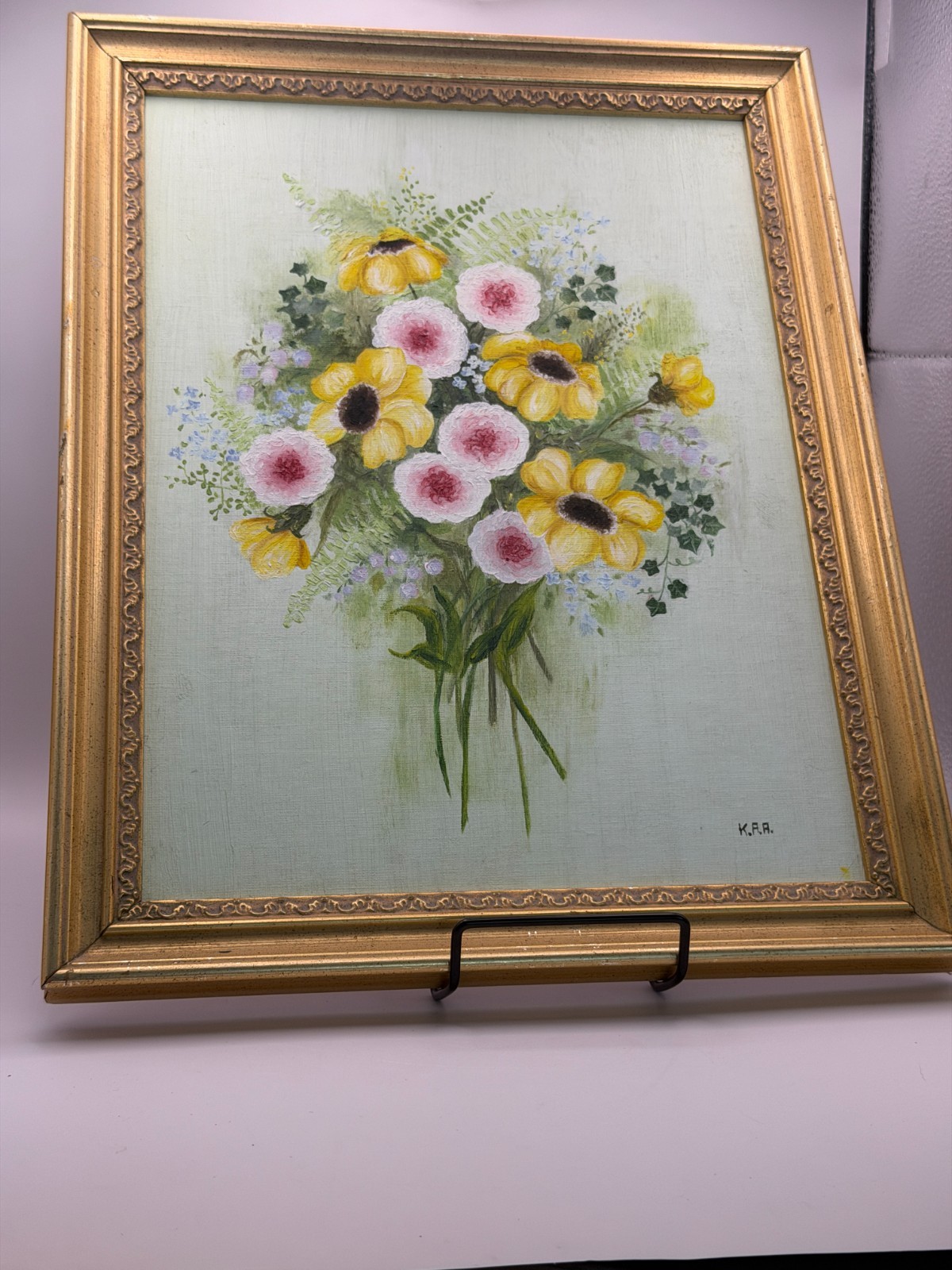 Vintage Original Hand-Painted Framed Yellow Pink Blue Floral Artwork Signed 