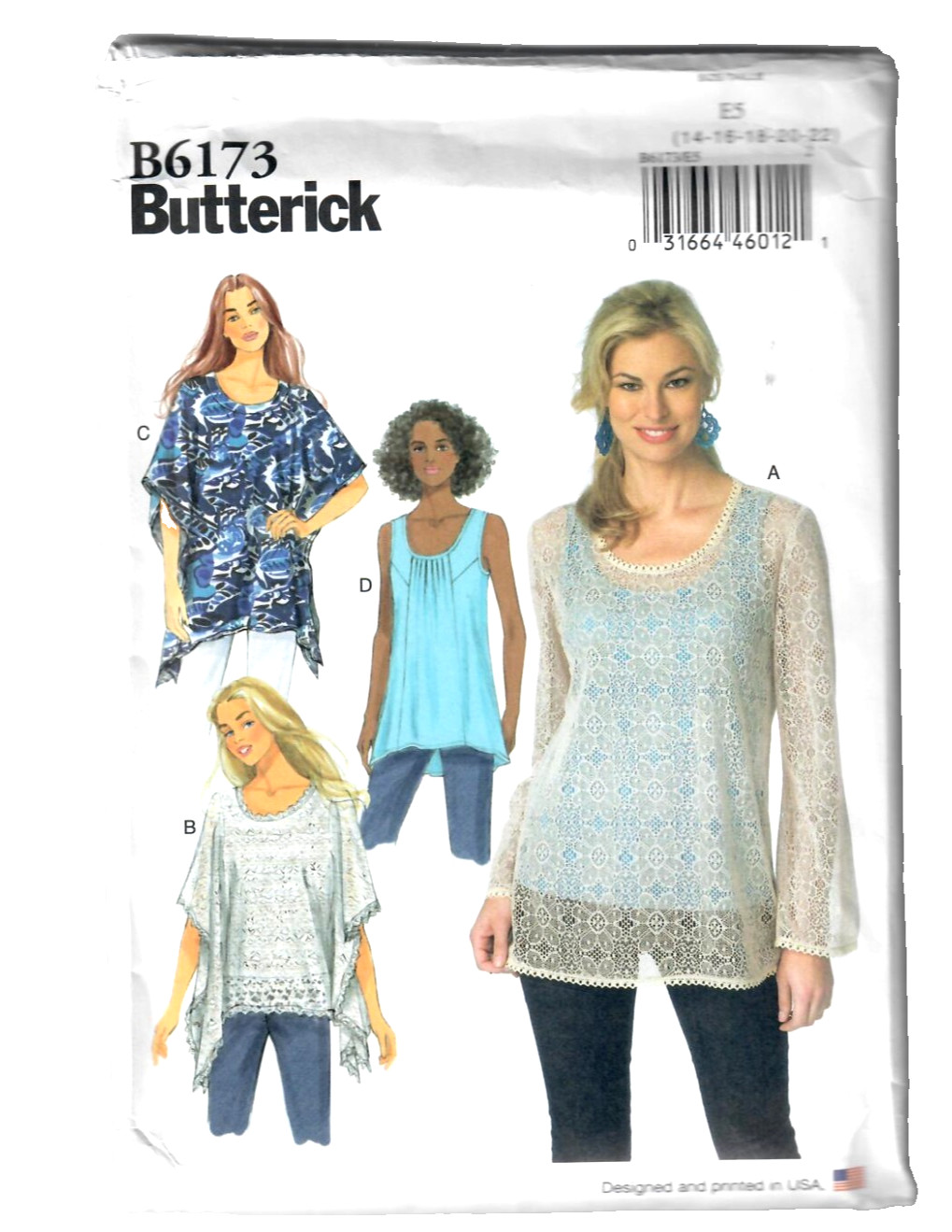 Butterick Sewing Pattern B6173 Miss Pullover Semi-fitted Tunic & Top 14-22 Plus