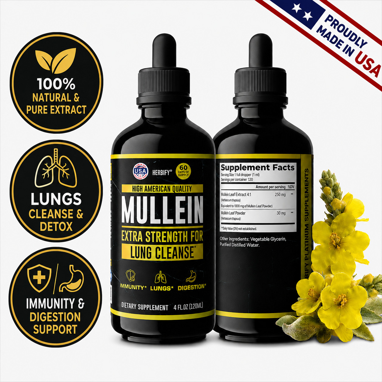 Mullein Drops Supplement for Lungs Support & Cleanse, Flower & Leaf Extract, 4oz