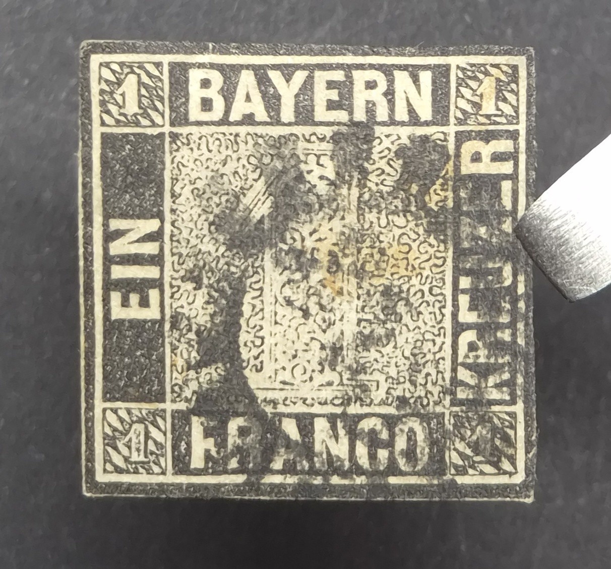 BAYERN BAVARIA 1849 1Kr Black (Mi#1/2) - Used, Minor Thins 
