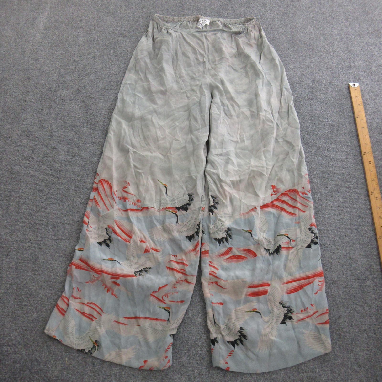 Citron Santa Monica Dress Pants Womens S Multicolor Silk Wide Leg Crane Print