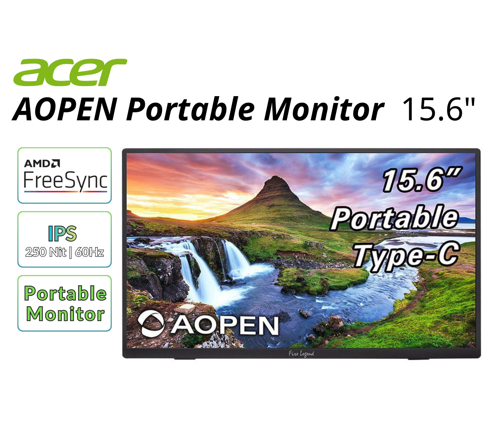AOpen 15.6in Portable Monitor FHD 1920x1080 60Hz 250Nit 4ms 250Nit Refurbished