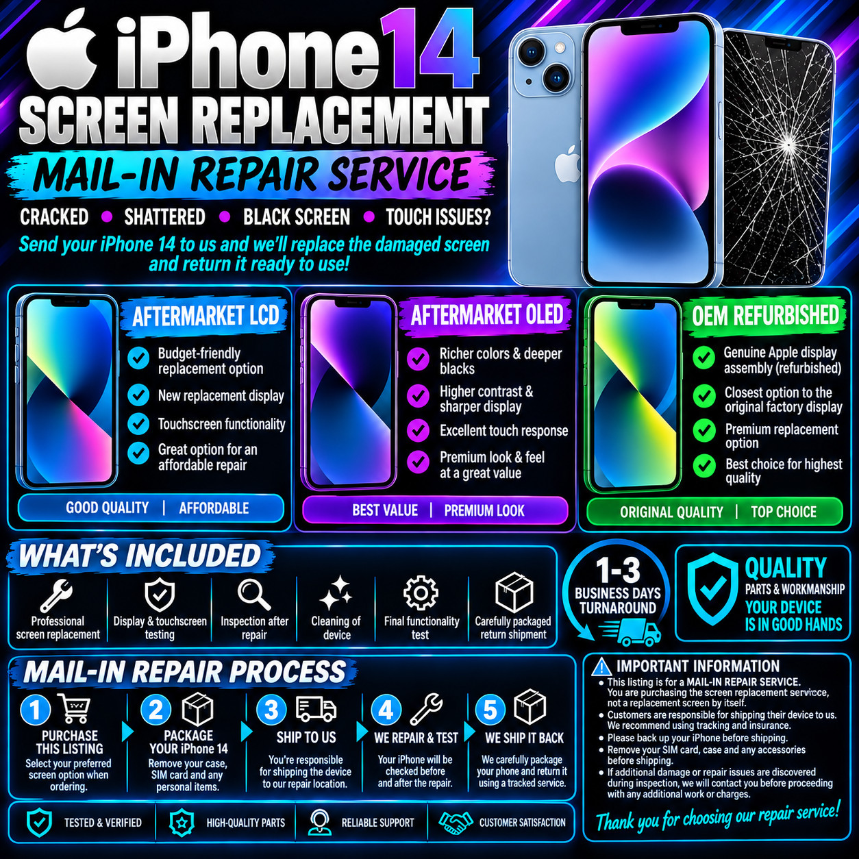 iPhone 14 Screen Replacement Repair Service Mail-In /LCD / OLED /