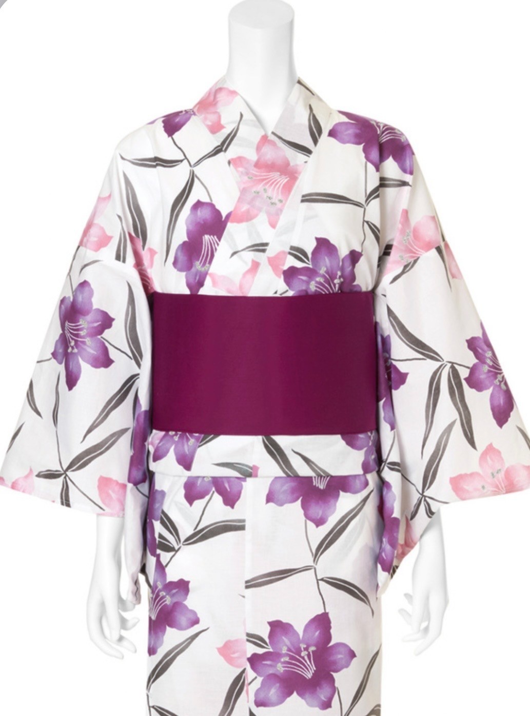 Japanese Yukata Set Women Cotton Kimono Summer Festival Lily Pink Obi Belt